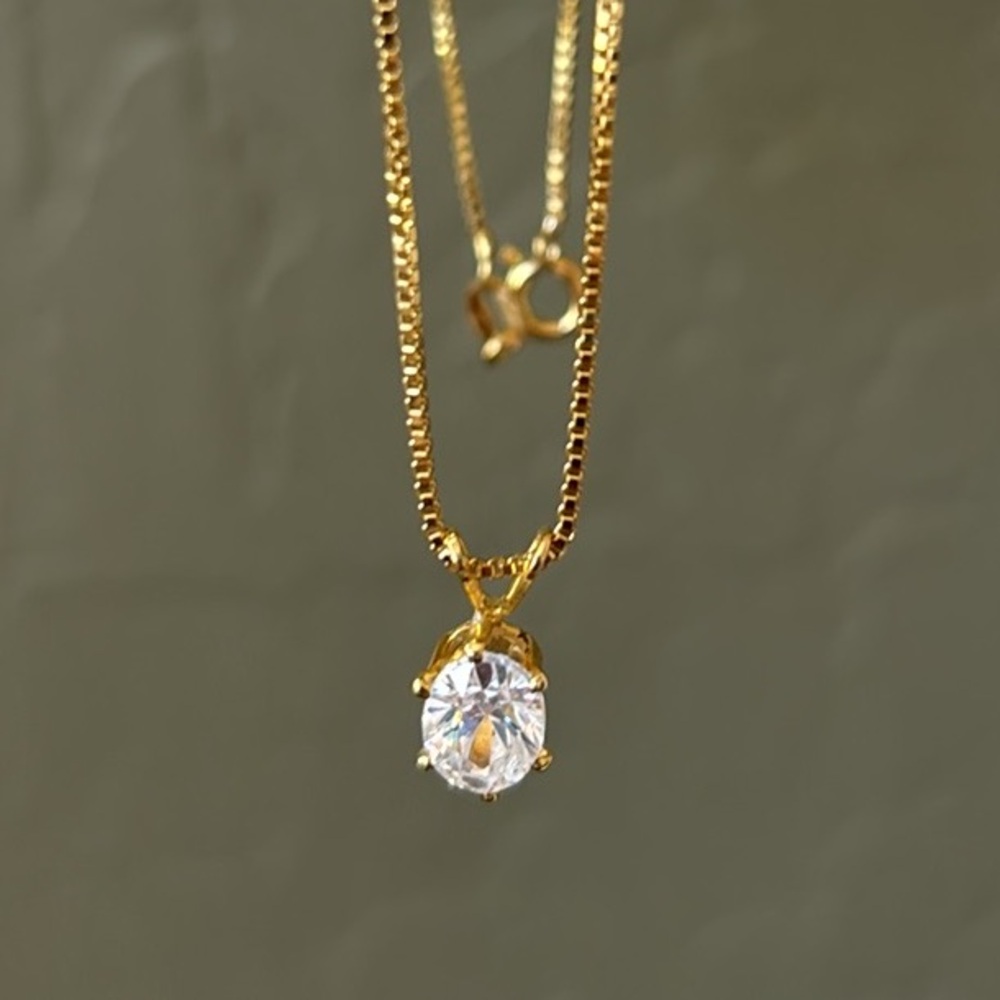 Clear Faceted‎ Cubic Zirconia Oval Pendant on Vermeil Box Chain NWOT